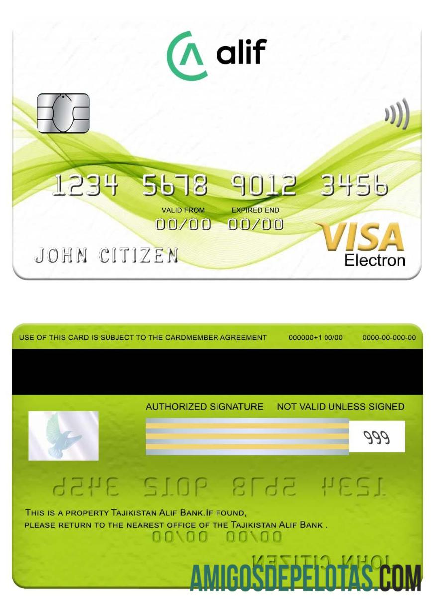 Cartão Visa Electron do Tajiquistão Alif Bank Visa exemplo real